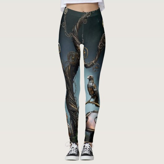 Victorian Clockwork Gummy Bear Mechanical Raven Leggings (Voorkant)
