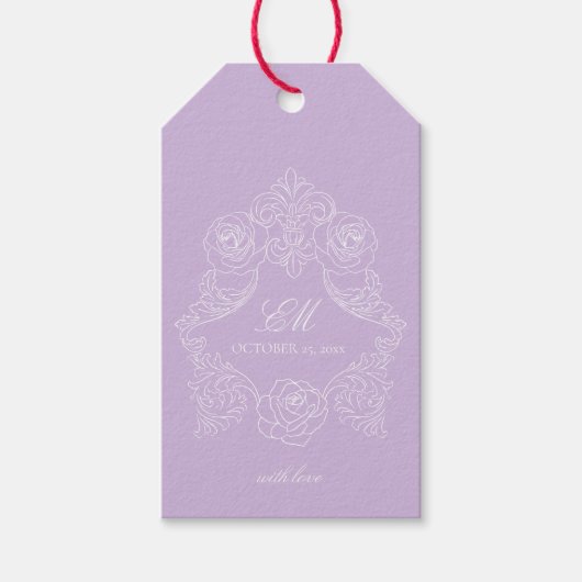 Victorian Crest Monogram Purple Wedding Cadeaulabel (Voorkant)