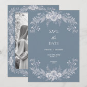 Victorian Dusty Blue Floral Wedding Save The Date (Devant / Derrière)