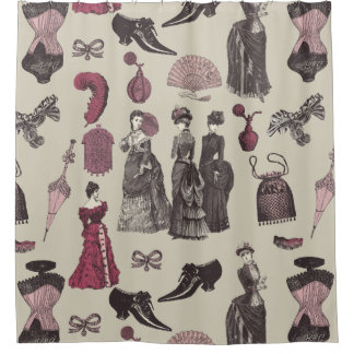 victorian era fashion women toile beige douchegordijn