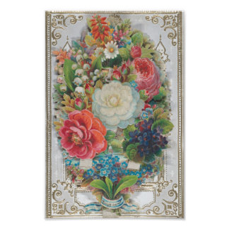 Victorian Era Valentine's Card, Floral Bouquet Foto Afdruk