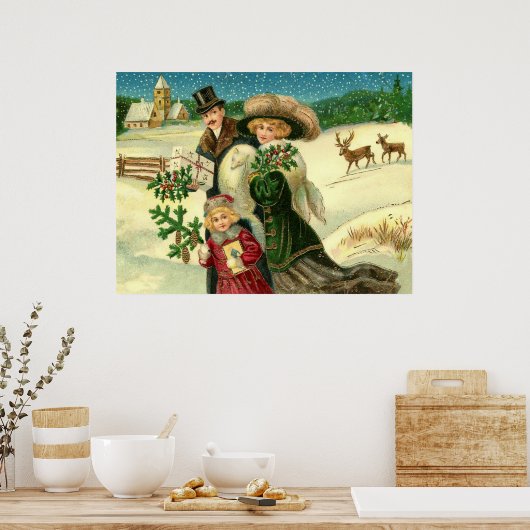 Victorian family in the snow Christmas scene Poster (Keuken)
