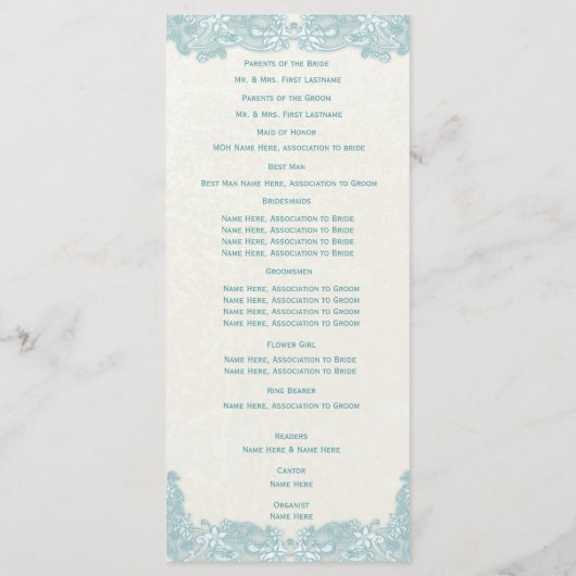 Victorian Floral Aqua Lace Wedding Programme (Dos)
