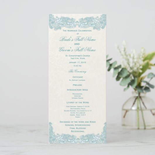 Victorian Floral Aqua Lace Wedding Programme (Debout devant)