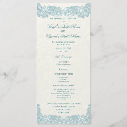 Victorian Floral Aqua Lace Wedding Programme (Devant)