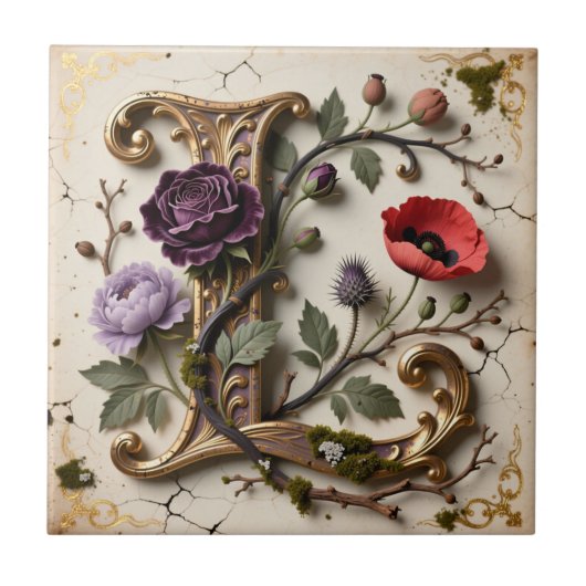 Victorian Floral Gold Letter L Monogram Tegeltje (Voorkant)