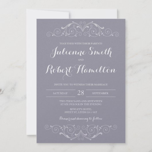 Victorian Fwirls Vintage Grey Wedding Invitations (Devant)