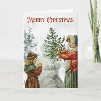 Victorian Girls Building a Snowman  Kaart