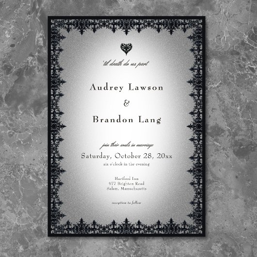 Victorian Gothic Iron Border White Wedding Kaart