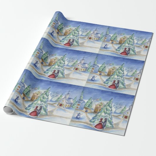Victorian Kerst Dorp Cadeaupapier (Uitgerold)