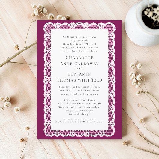 Victorian Lace Plum Wedding Invitation