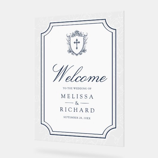 Victorian Navy Blue Catholic Wedding Welcome Acryl Bord (Hoek)