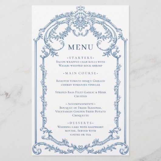 Victorian Ornate Grace Dusty Blue Menu Mariage (Devant)