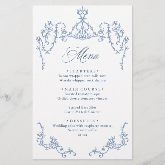 Victorian Ornate Grace Dusty Blue Menu Mariage (Devant)