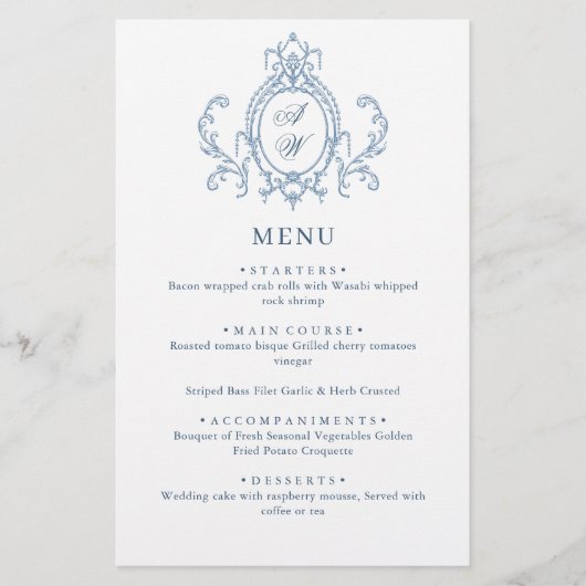 Victorian Ornate Grace Dusty Blue Menu Mariage (Devant)