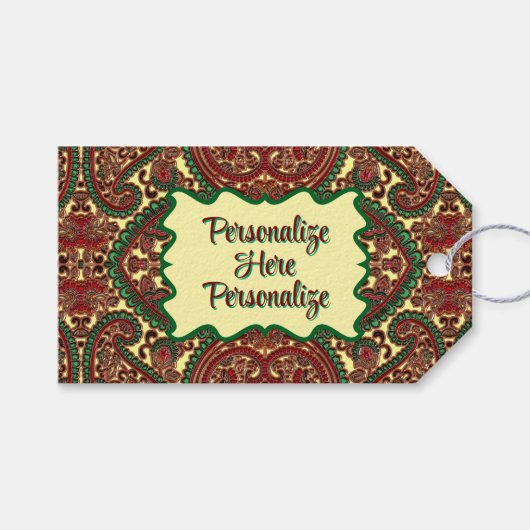 Victorian paisley pattern elegant red green gold cadeaulabel (Voorkant (Horizontaal))