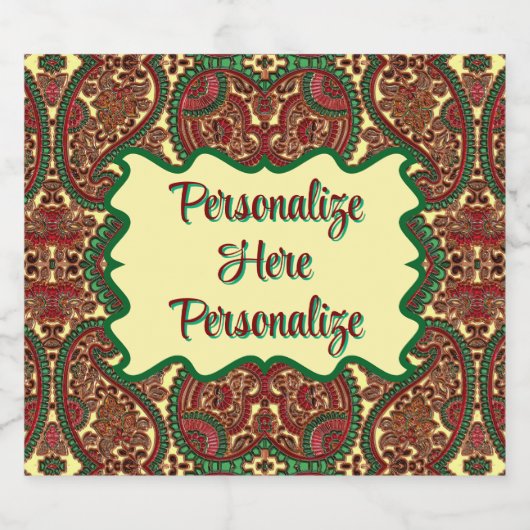 Victorian paisley pattern elegant red green gold sparkling wijnetiket (Enkel label)