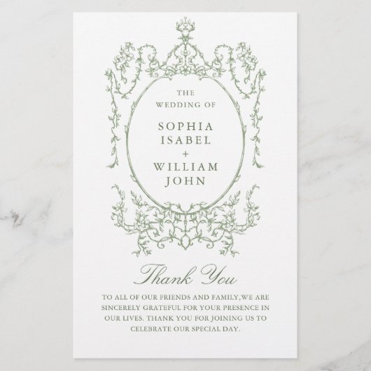 Victorian Sage Green Mariage Cerememing Programme (Devant)