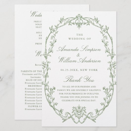 Victorian Sage Green Mariage Cerememing Programme (Devant / Derrière)