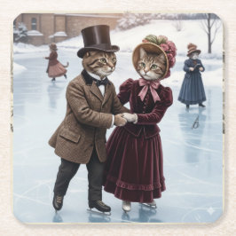 Victorian Skating Cats Paper Coaster Vierkante Kartonnen Onderzetter