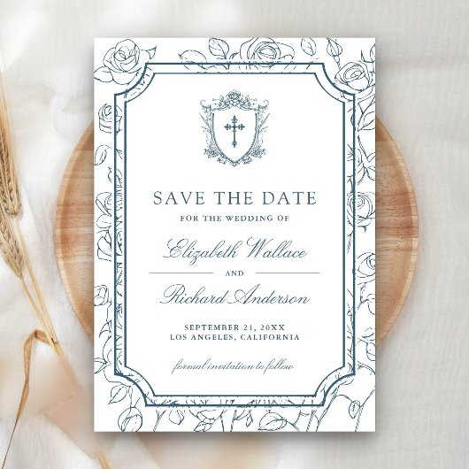 Victorian White and Dusty Blue Catholic Wedding Save The Date