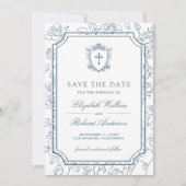 Victorian White and Dusty Blue Catholic Wedding Save The Date (Voorkant)