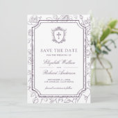 Victorian White and Dusty Purple Catholic Wedding Save The Date (Staand voorkant)