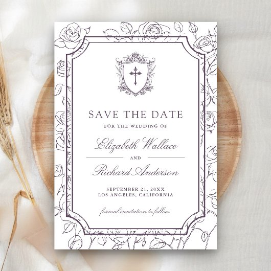 Victorian White and Dusty Purple Catholic Wedding Save The Date