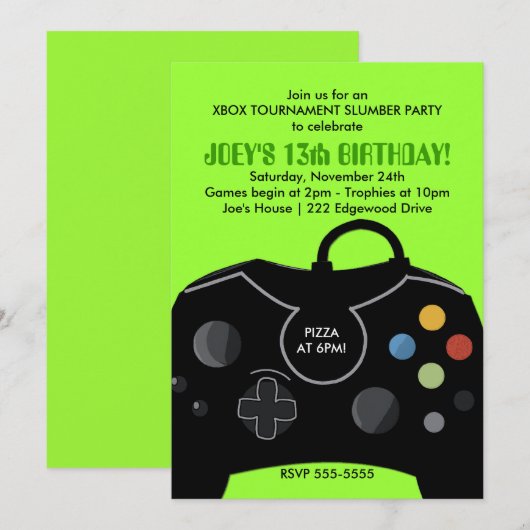 Video Game Birthday Boys Uitnodiging voor Neon Gre (Voorkant / Achterkant)
