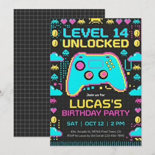 =Video Game Birthday Invitation Pixel Gamer Party (Devant / Derrière)