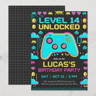 =Video Game Birthday Invitation Pixel Gamer Party Kaart