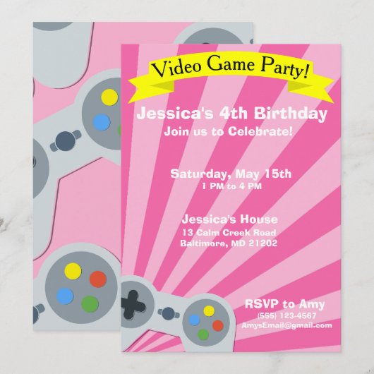 Video Game Birthday Party Uitnodiging (Voorkant / Achterkant)