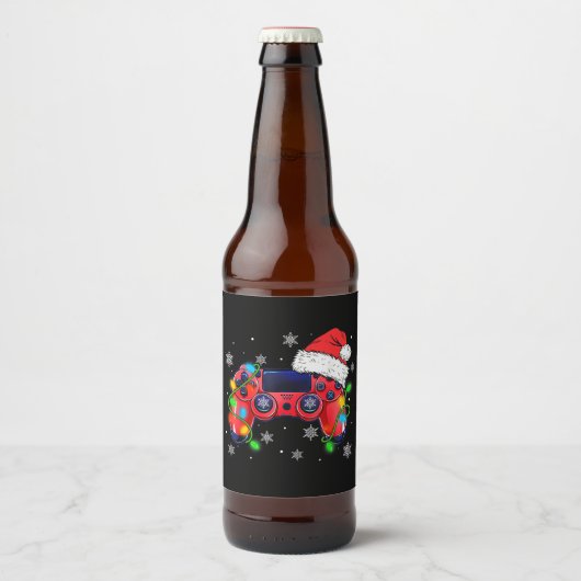 Video Game Controller Christmas Santa Hat Gamer Bo Bier Etiket (Voorkant)
