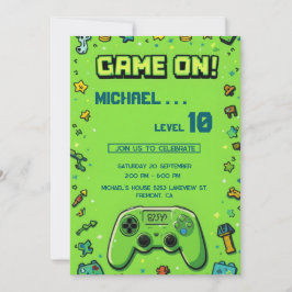 Video Game Green Kids Birthday Party Invitation Feestdagenkaart