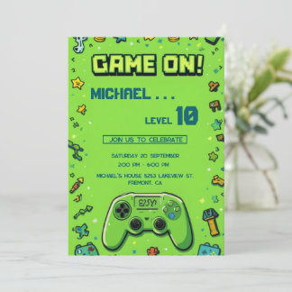 Video Game Green Kids Birthday Party Invitation Feestdagenkaart
