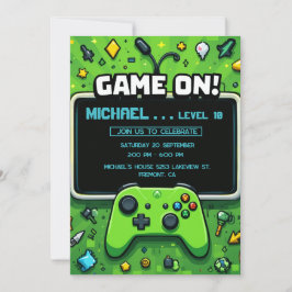 Video Game Green Kids Birthday Party Invitation Feestdagenkaart