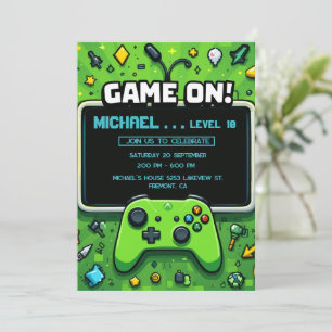Video Game Green Kids Birthday Party Invitation Feestdagenkaart