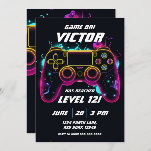 Video Game Level Up Gamer Neon Verjaardag Kaart (Voorkant / Achterkant)