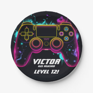Video Game Level Up Gamer Neon Verjaardag Papieren Bordje