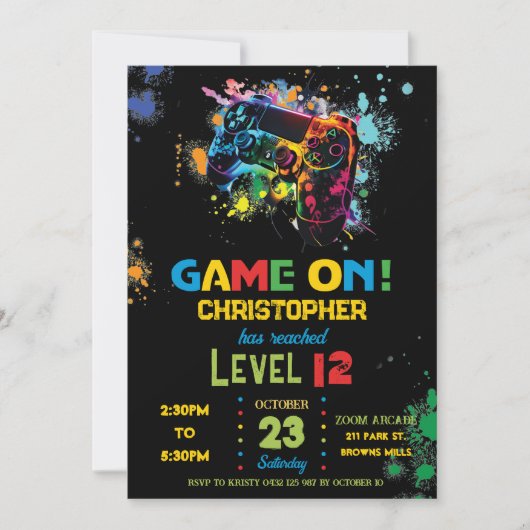 Video Game Paint Splash Neon Graffiti Level Up Kaart (Voorkant)