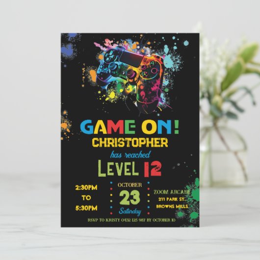 Video Game Paint Splash Neon Graffiti Level Up Kaart (Staand voorkant)