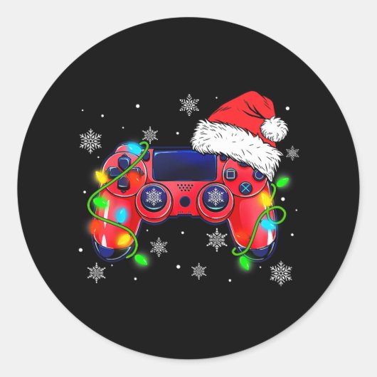 Videogame Controller Kerstmis Santa Hoed Gamer Bo Ronde Sticker (Voorkant)