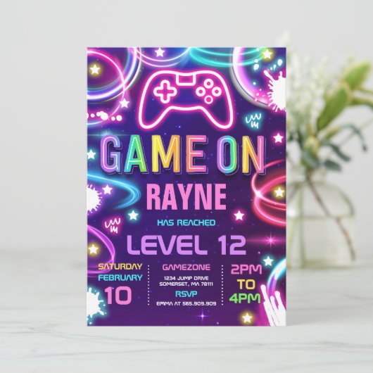 Videogame Neon Game On Level Up Kaart (Staand voorkant)