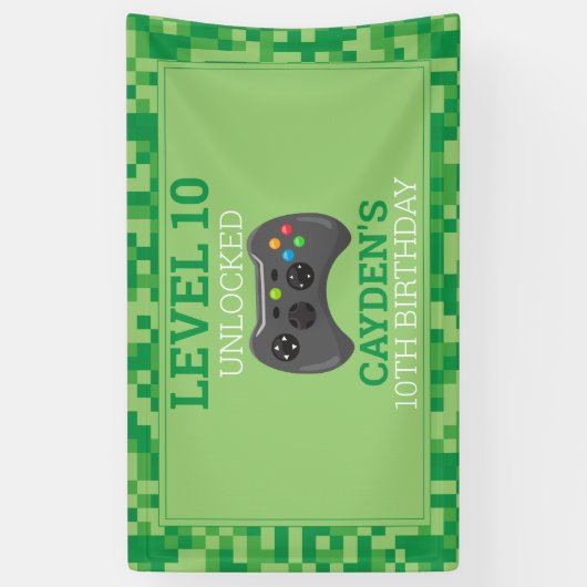 Videogame op Verjaardagsfeestje Groene Pixel Spandoek (Verticaal)