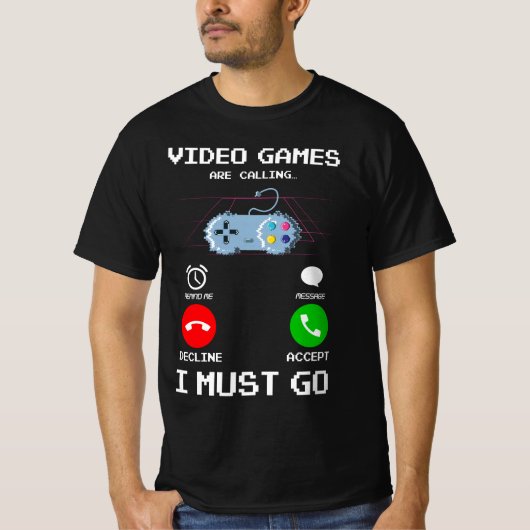 Videogames bellen en ik moet gaan grappig gamen t-shirt (Voorkant)