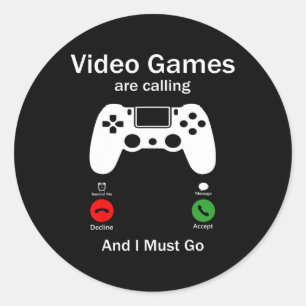 Videogames zijn aan het bellen en ik moet grappige ronde sticker