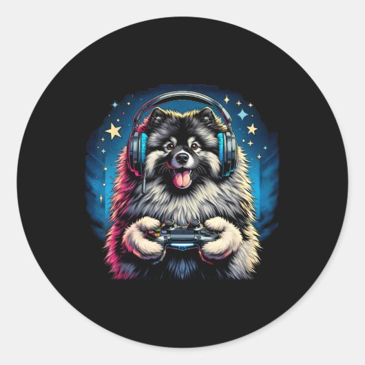 Videospel Keeshond Dog Gaming Ronde Sticker (Voorkant)