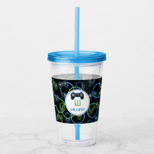 Videospel Neon Blauw & Groen Patroon Monogram Acryl Drinkbeker