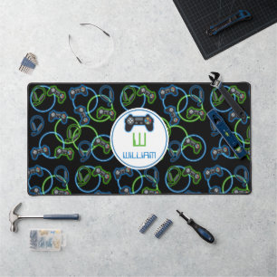 Videospel Neon Blauw & Groen Patroon Monogram Bureaumat