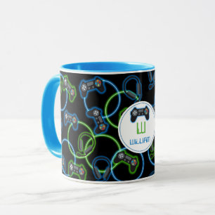 Videospel Neon Blauw & Groen Patroon Monogram Mok